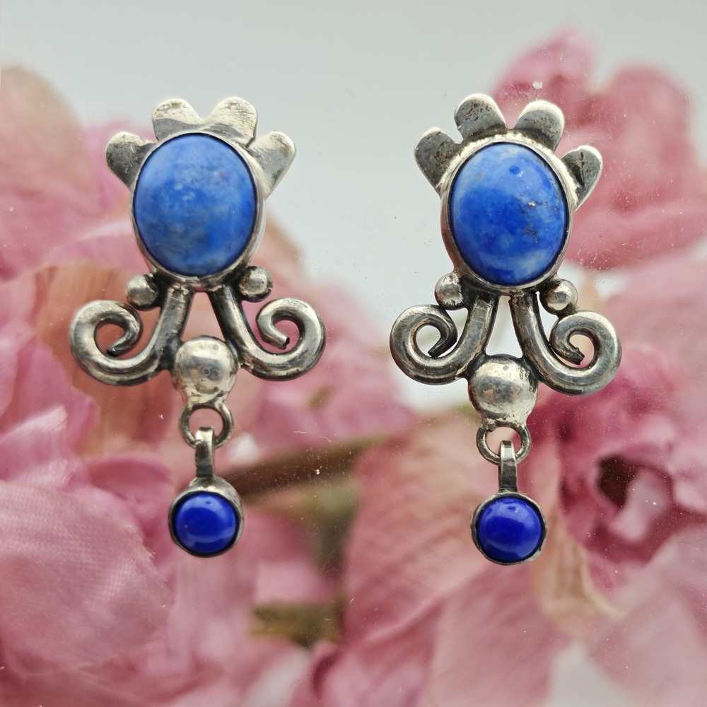 Blue Lapis & Sterling Silver Handmade Boho Bohemian Style Post Earrings